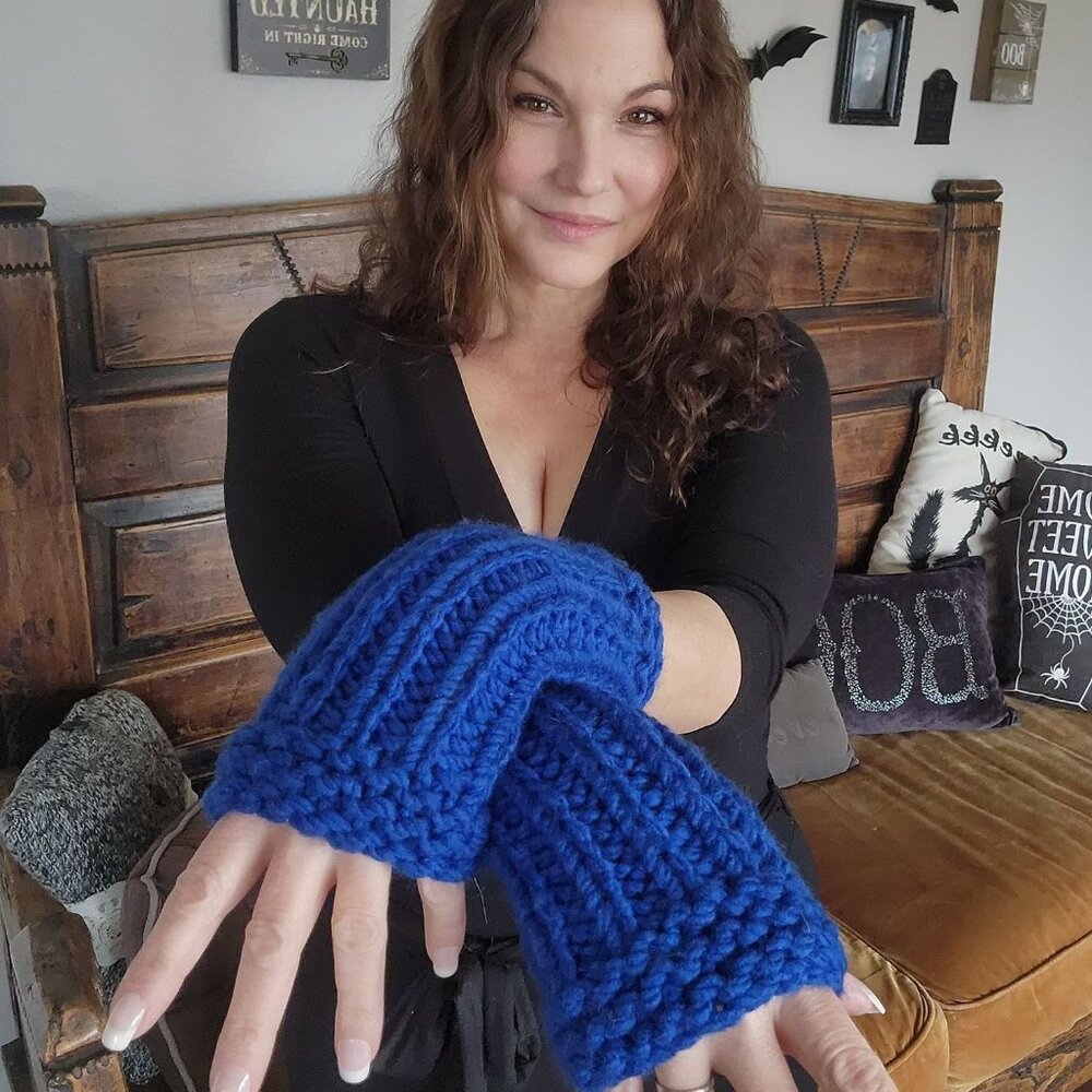 Hand Knit Fingerless Gloves, Armwarmers in Blue Yarn, Womens "Sapphire Sky" - Picture 3 of 11